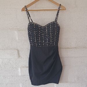 Privy Studded Bodycon Mini Dress, Bustier Style, Ruched Overlay Skirt, New